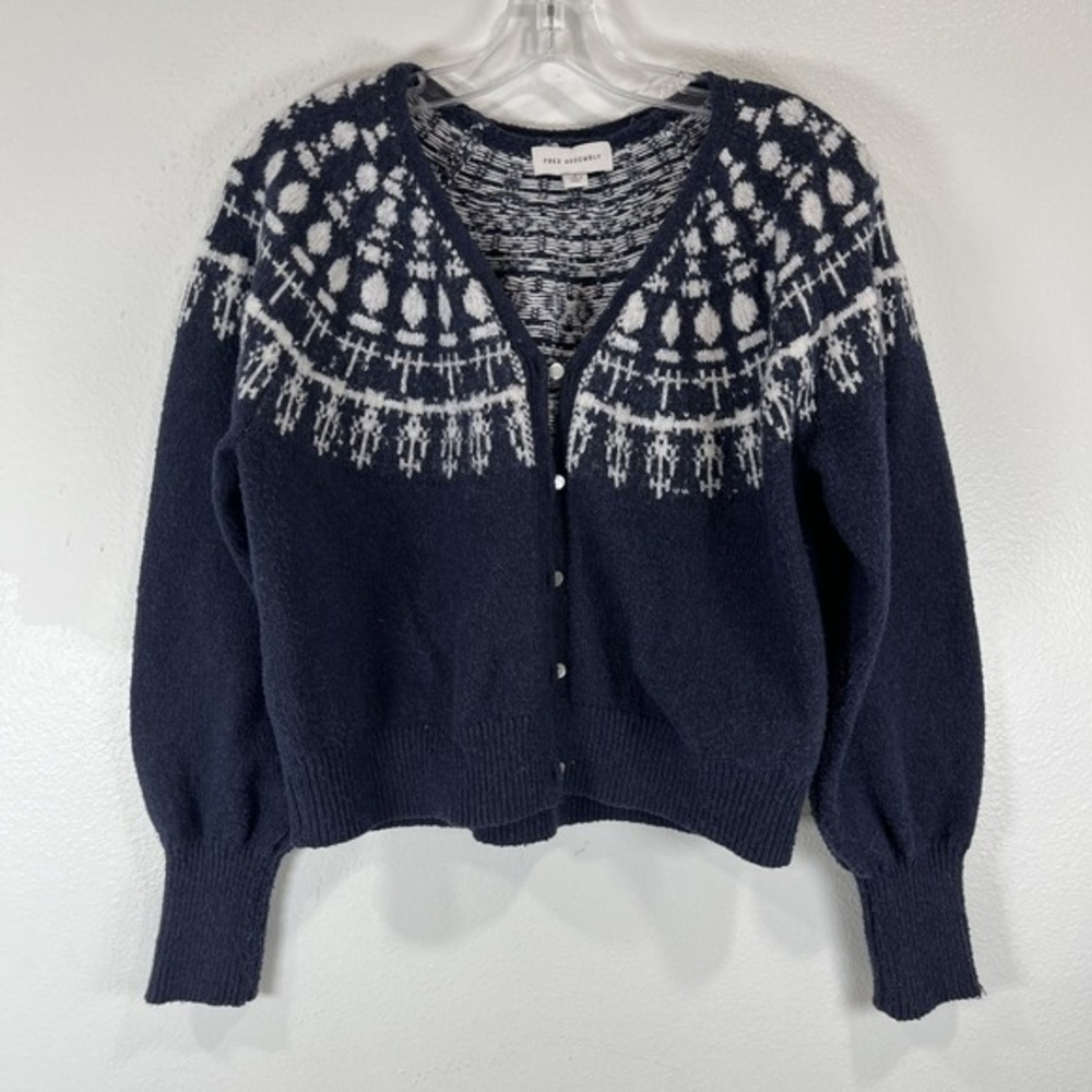 Free Assembly Blue Fair Isle Nordic Style Cardigan Sweater White Button Women L